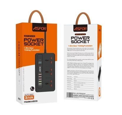 Aspor A503 Мережевий фільтр-подовжувач Auto Max (5USB/3.4A/2м)- чорний